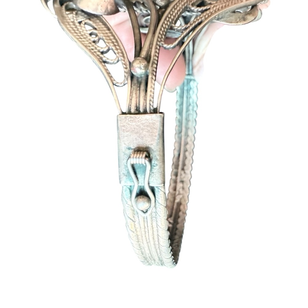 Vintage Filigree & Scrollwork Hinged Bracelet w/ Lg Russian Chariote Cabachon - Picture 5 of 6